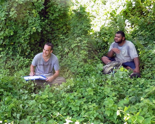 Seth Quintus records an archaeological feature on Ofu Island in American Samoa with a member of his research team.