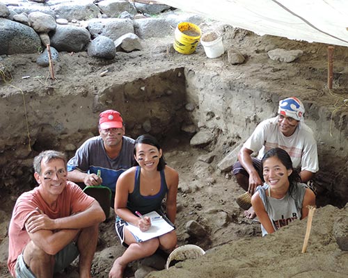 Barry Rolett and his summer 2013 Hanamiai field team during excavation. From left, Rolett, Hio Timau, Emily Lowe, Michelle Kim and Samuel Tiaiho.