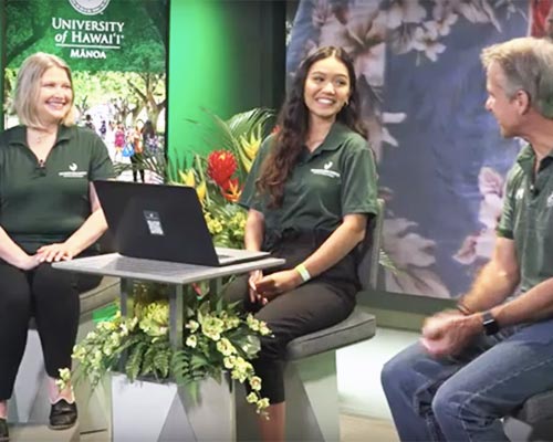 Digital Studios’ anchor Amee Hi‘ilawe Neves interviews CSS Dean Denise Eby Konan, at left, and Provost Michael Bruno.