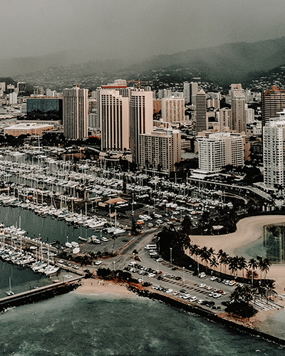 Waikīkī skyline and Ala Wai boat harbor